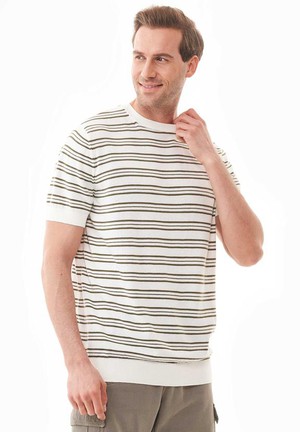 T-Shirt With Stripes Fine Knit Deep Taupe & Off White from Shop Like You Give a Damn