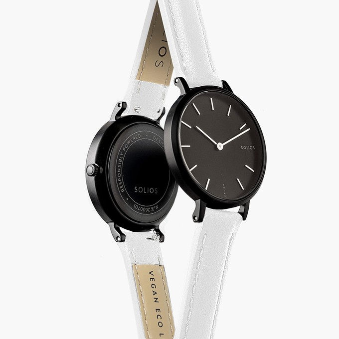 Black Mini Solar Watch | White Vegan Leather from Solios Watches
