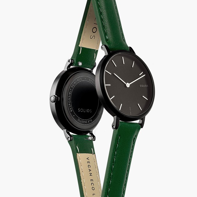 Black Mini Solar Watch | Green Vegan Leather from Solios Watches