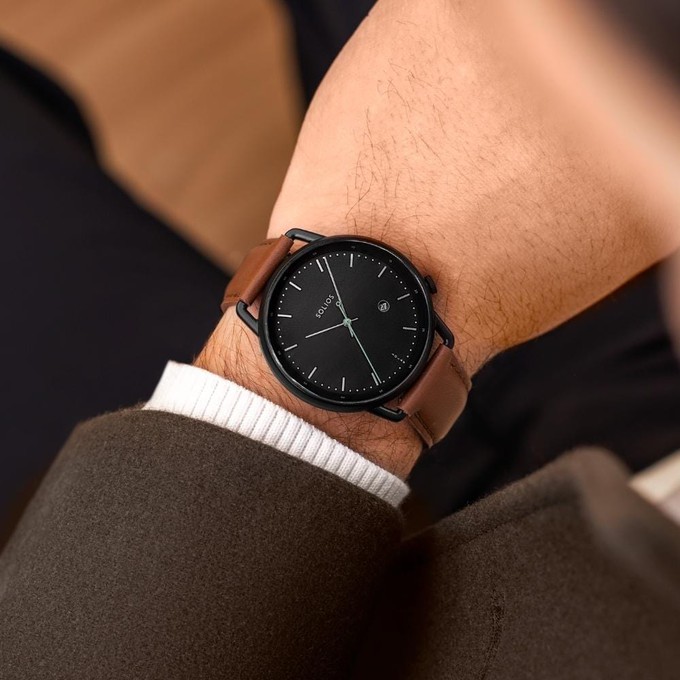 Black Curve Solar Watch | Brown Vegan Leather from Solios Watches