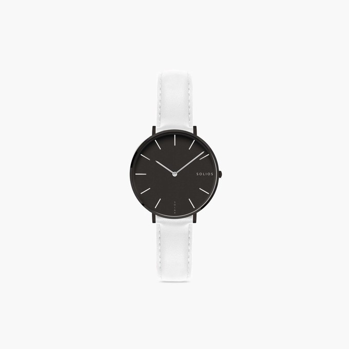Black Mini Solar Watch | White Vegan Leather from Solios Watches