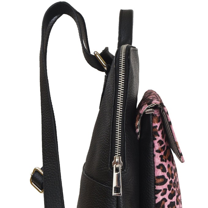 Pink Animal Print Leather Flap Pocket Backpack from Sostter