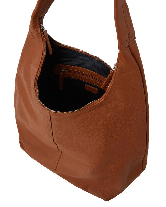 Project Cece Camel Leather Zip Top Hobo Bag Large Boho Style