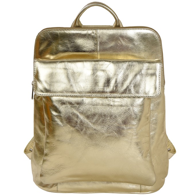 Gold Metallic Leather Flap Pocket Backpack from Sostter