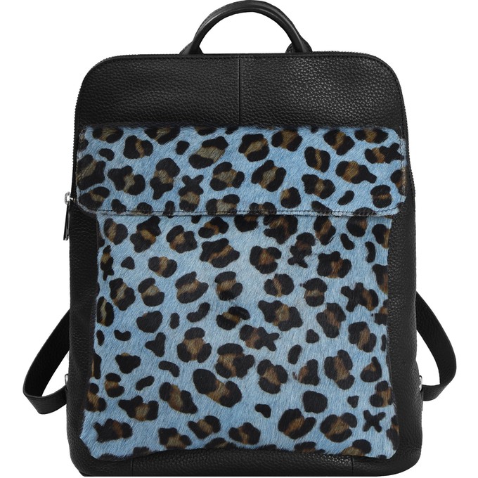 Blue Animal Print Flap Pocket Leather Backpack from Sostter