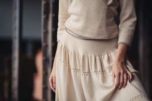 Pearl Merino Bohemian-Chic Knitted Swirly Midi Skirt With Lace Details - Wool White from STUDIO MYR