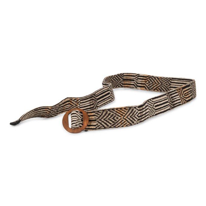 Dogon Tribal Jacquard Linen Blend Knitted Belt With Wooden Buckle - Brown/Black Blend from STUDIO MYR