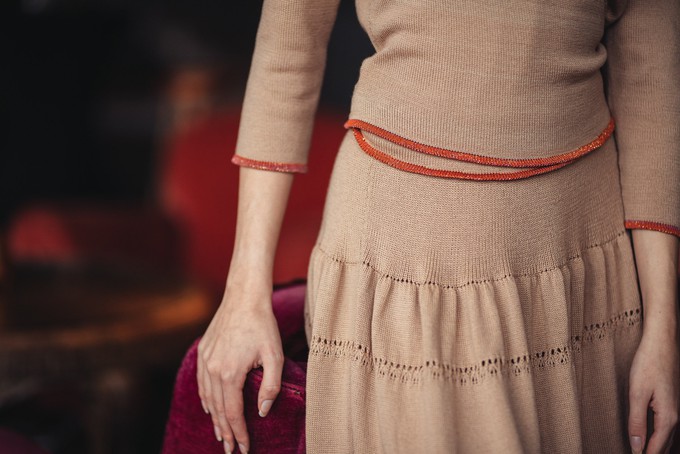 Honey Merino Bohemian-Chic Knitted Swirly Midi Skirt With Lace Details - Honey from STUDIO MYR