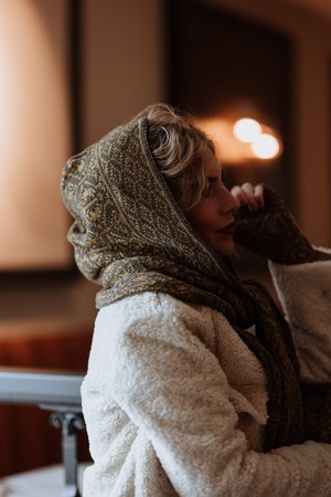 Antonia Luxurious Hooded Scarf in Double Knit Velvet & Merino Blend - Brown/Antique Golden from STUDIO MYR