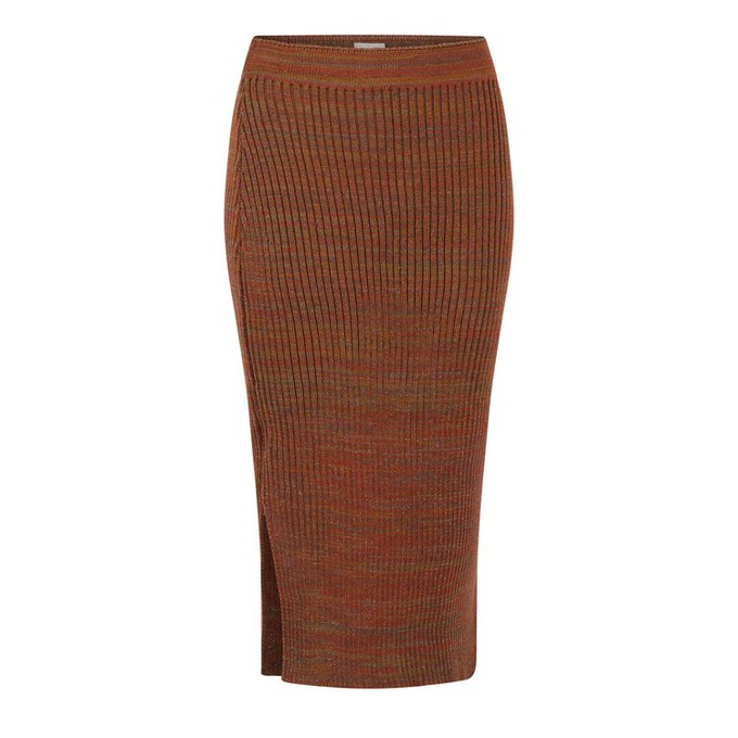 Leaves Rib Knit Midi Pencil Skirt With Sparkles - Red/Brown Merino Wool Blend from STUDIO MYR