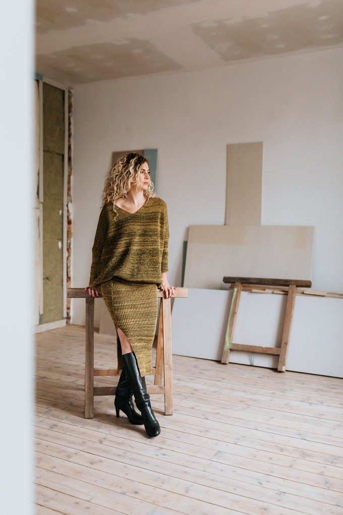 Sunbeam Rib Knit Midi Pencil Skirt With Sparkles - Mustard/Green Merino Wool Blend from STUDIO MYR