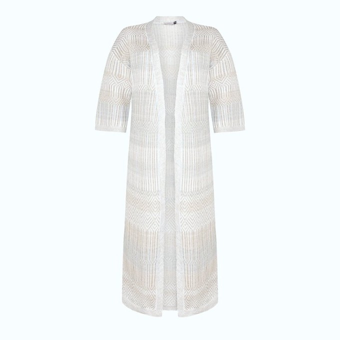 Berber Linen Blend Tribal Jacquard Kimono Cardigan - White/Neutrals Blend from STUDIO MYR