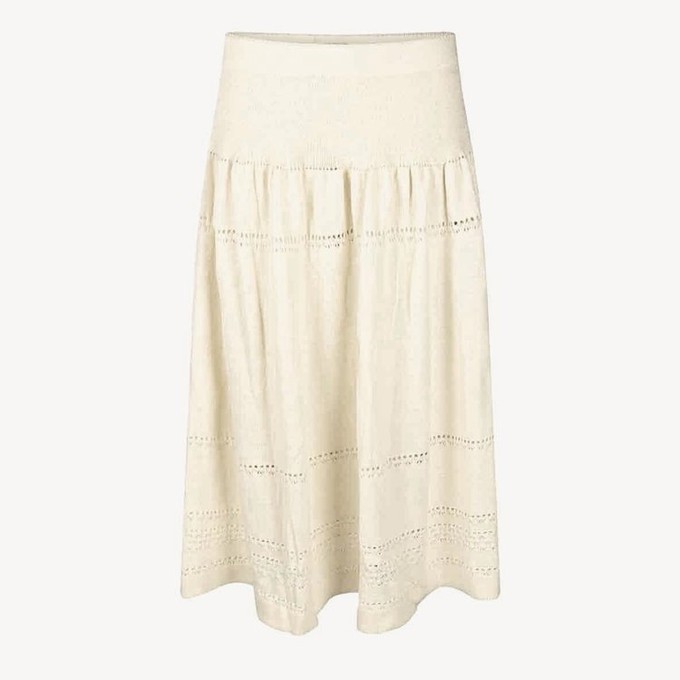 Pearl Merino Bohemian-Chic Knitted Swirly Midi Skirt With Lace Details - Wool White from STUDIO MYR