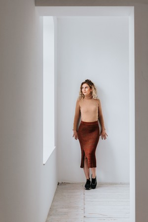 Leaves Rib Knit Midi Pencil Skirt With Sparkles - Red/Brown Merino Wool Blend from STUDIO MYR