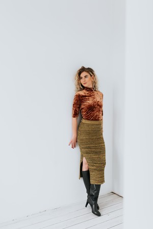 Sunbeam Rib Knit Midi Pencil Skirt With Sparkles - Mustard/Green Merino Wool Blend from STUDIO MYR