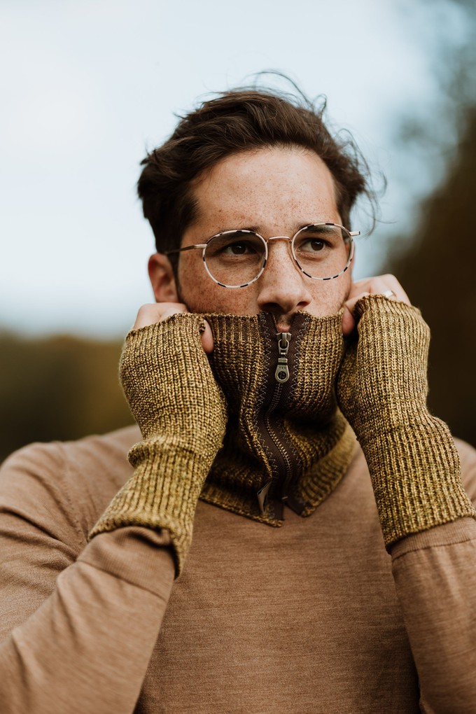 Earl Mens Fingerless Gloves Rib Knit Merino Blend With Sturdy Zippers - Mustard Mix from STUDIO MYR