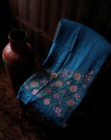 Teal Handwoven & Handpainted Madhubani Mulberry Silk Stole via The Cashmere Clothing