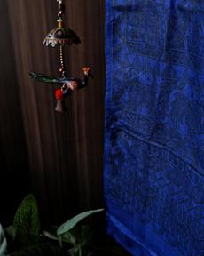 Blue Handwoven & Handpainted Madhubani Mulberry Silk Stole via The Cashmere Clothing