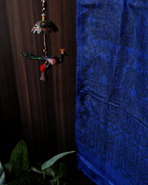 Blue Handwoven & Handpainted Madhubani Mulberry Silk Stole from The Cashmere Clothing