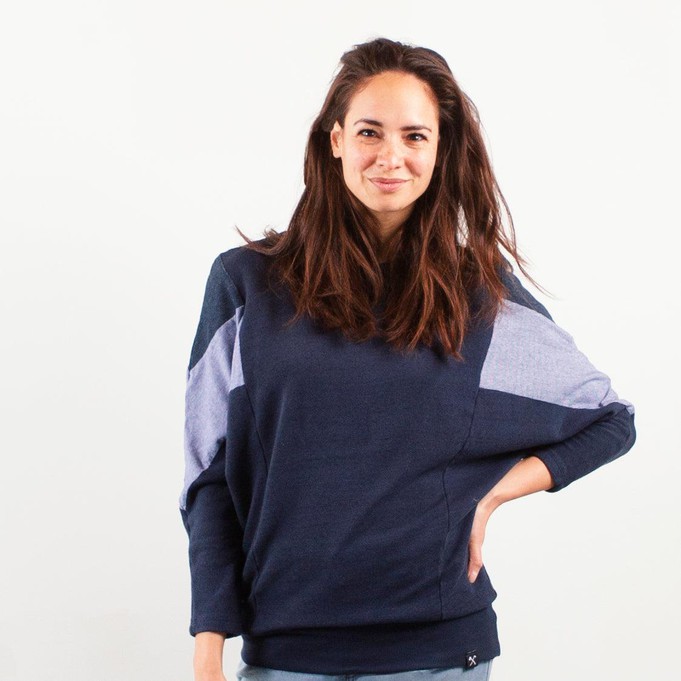 Sweatshirt - AMY - made from 4 different recycled fabrics: blue, blue, denim from The Driftwood Tales