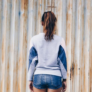 Sweatshirt - AMY - RE-DENIM-made from 4 different recycled fabrics-light pink, denim, gray from The Driftwood Tales