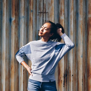Sweatshirt - AMY - RE-DENIM-made from 4 different recycled fabrics-light pink, denim, gray from The Driftwood Tales