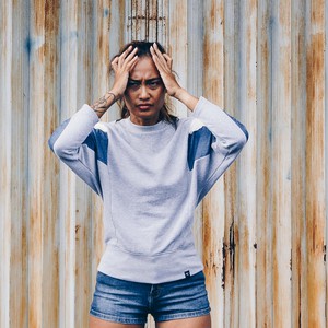 Sweatshirt - AMY - RE-DENIM-made from 4 different recycled fabrics-light pink, denim, gray from The Driftwood Tales