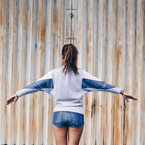 Sweatshirt - AMY - RE-DENIM-made from 4 different recycled fabrics-light pink, denim, gray from The Driftwood Tales