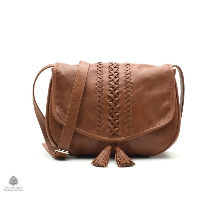 Salina leather saddle crossbody bag with embroidery details and tassel - tan from Treasures-Design