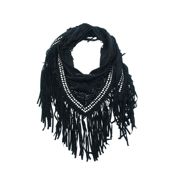 CHRISTA SUEDE FRINGE SHAWL WITH STUDS - JETBLACK from Treasures-Design