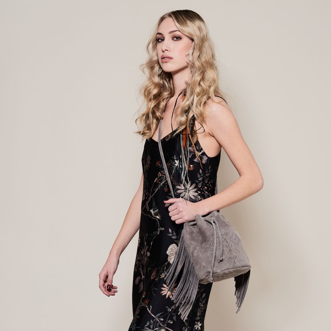 Capri - suede crossbody fringe bag with woven leather embroidery - grey from Treasures-Design