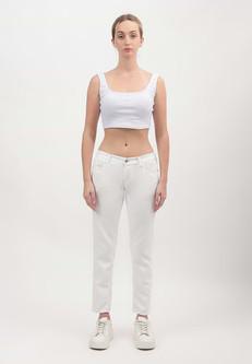 Unüberschüssiges Versprechen | Weiße, verkürzte Slim-Jeans mit niedrigem Bund via Un Denim