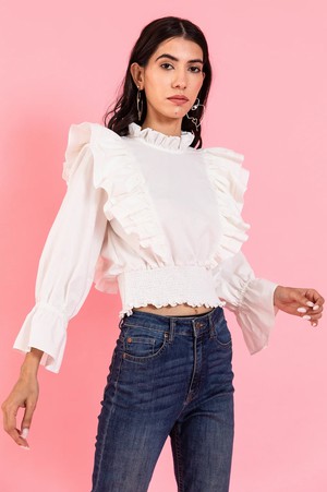 Ruffle Long Sleeve Shirt - White from Urbankissed