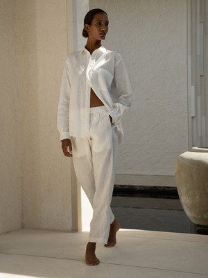 High Waist Linen Pants - White from Urbankissed