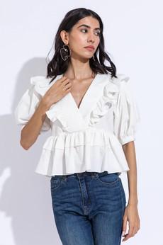 Ruffle Shirt Puffed Sleeves - White from Urbankissed