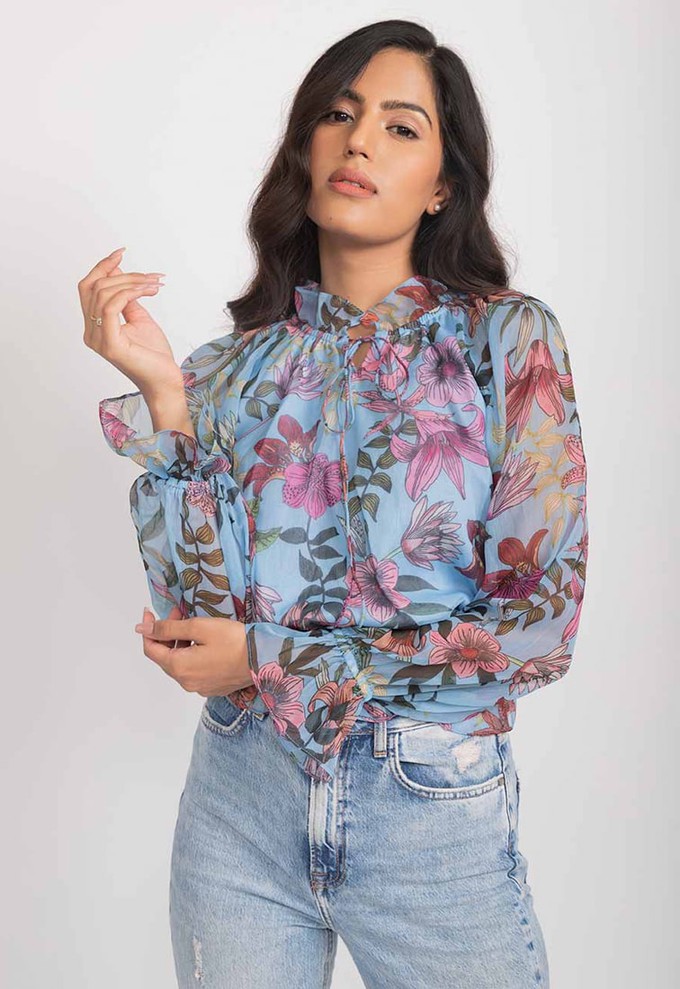 Floral Chiffon Ruffle Blouse - Blue from Urbankissed