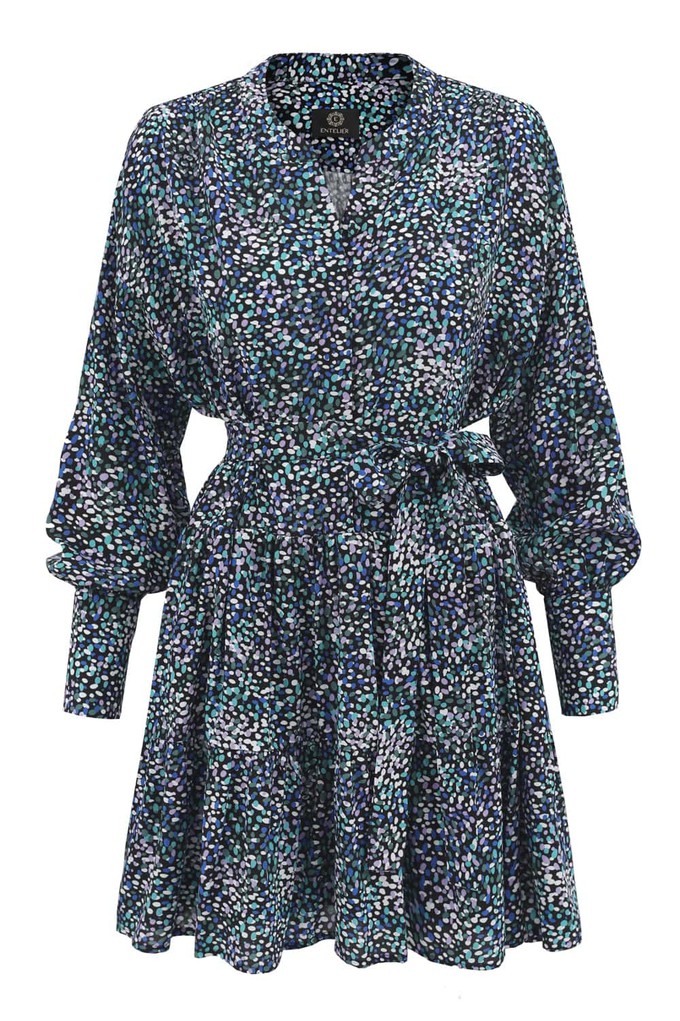 Belted Mini Flare Dress Longsleeve - Dotted Blue Green from Urbankissed