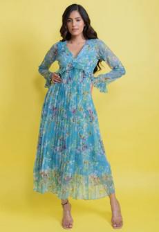Chiffon Floral Pleated Maxi Dress - Blue from Urbankissed