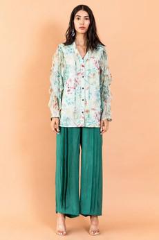 Chiffon Shirt Ruffle Sleeves & Straight Pants - Pale Blue/Green from Urbankissed