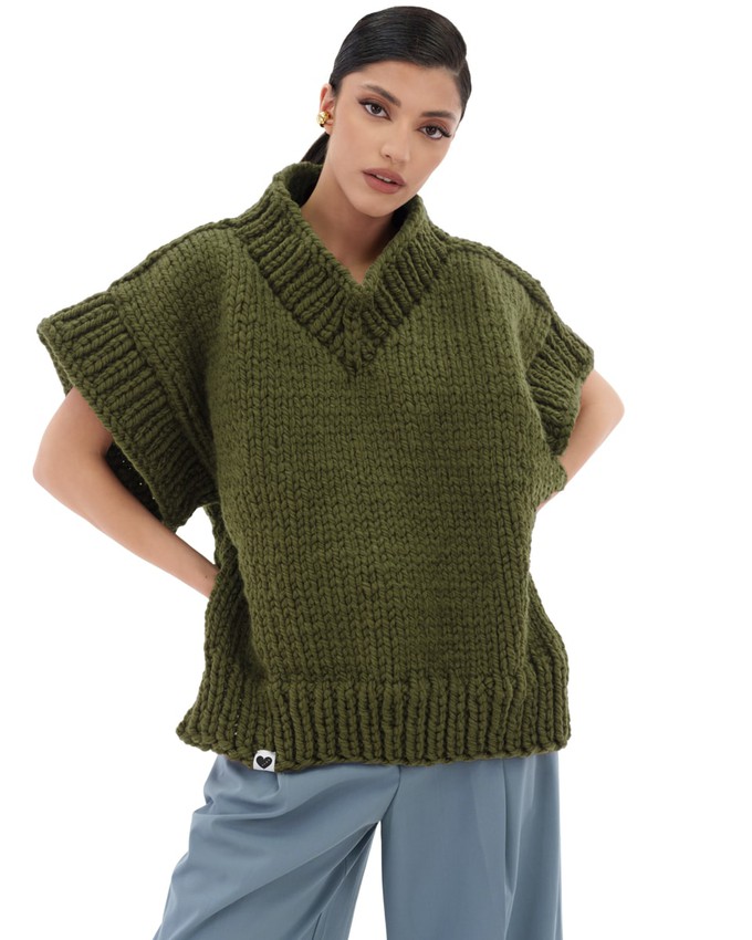 V-neck Poncho Sweater - Khaki from Urbankissed