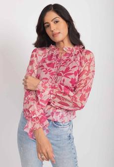 Floral Chiffon Ruffle Blouse - Pink Red via Urbankissed