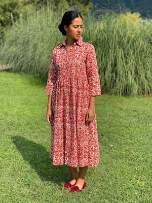 Floral Midi Dress Collar Neck - Red from Urbankissed