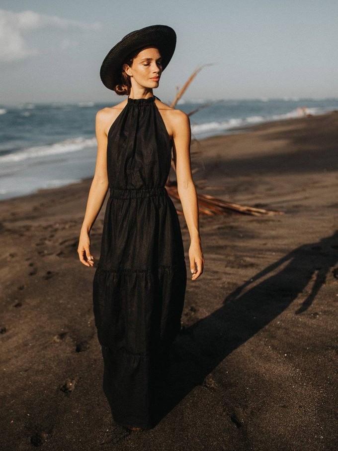 Backless Linen Maxi Dress in Black - Annely from Urbankissed