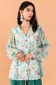 Chiffon Shirt Ruffle Long Sleeves - Pale Blue/Green from Urbankissed