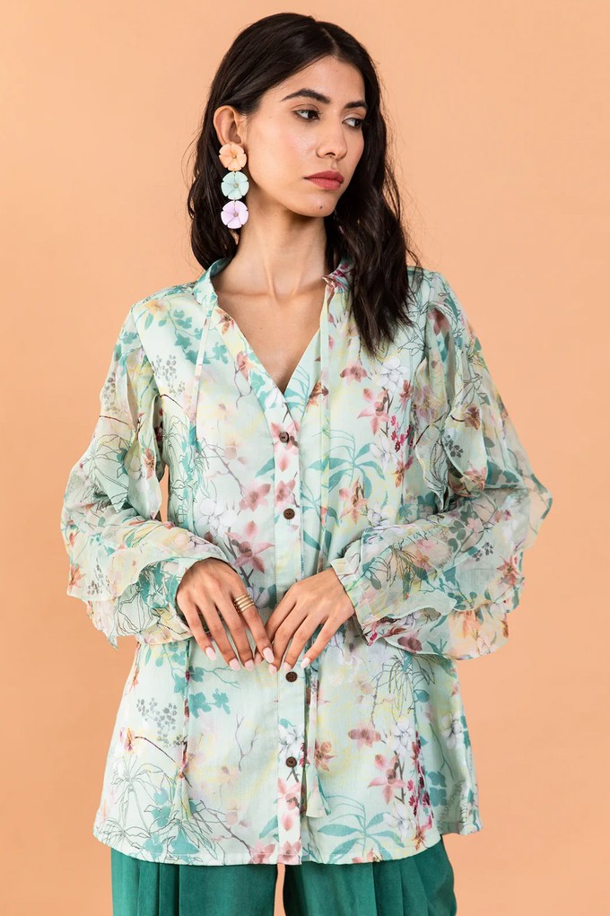 Floral Chiffon Ruffle Blouse - Pale Blue & Green from Urbankissed