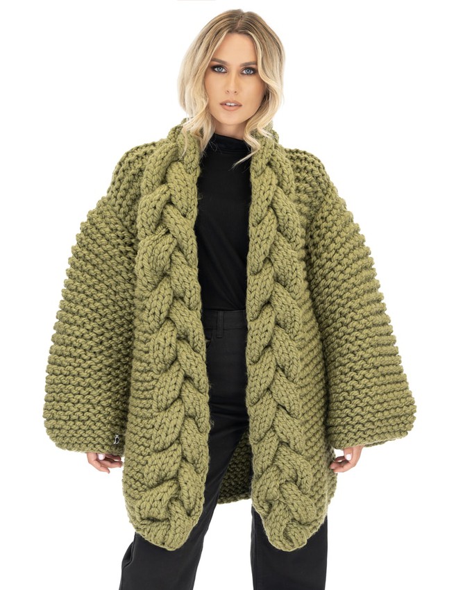 Cable Knitted Coat - Khaki from Urbankissed