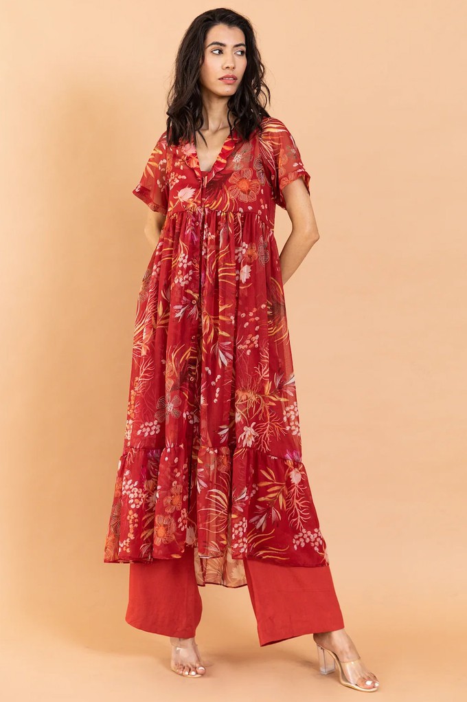 Chiffon Floral Floor Length Shirt & Pants - Red from Urbankissed