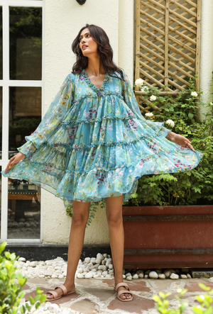 Chiffon Floral Tiered Ruffle Midi Dress - Blue from Urbankissed