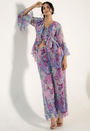 Floral Co Ord Set - Chiffon Long Sleeve Lilac from Urbankissed