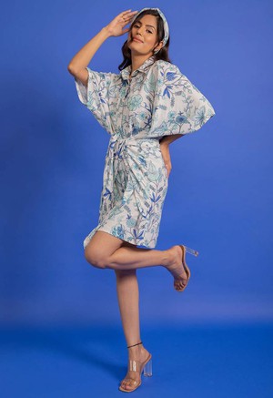 Floral Shirt Dress Kimono Sleeves - Blue from Urbankissed